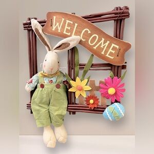 EASTER Bunny Rabbit Welcome Sign Wood Rustic Twig Egg Flower Blue Yellow Dan Dee